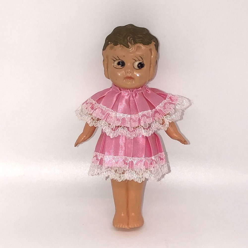 Made In Hong Kong Kewpie Carnival Doll Vintage 7" Pink Dress
